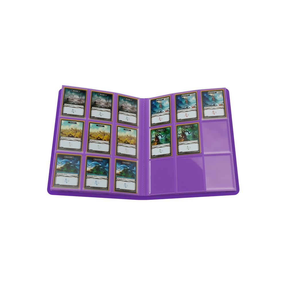 Purple Gamegenic album featuring 18 pockets, displaying collectible cards in a sleek, organized layout.