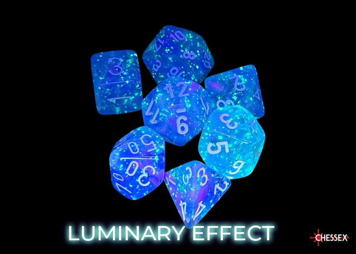Chessex Nebula Aura/White Luminary Polyhedral 7-Dice Set featuring vibrant colors and luminary effects against a dark background.