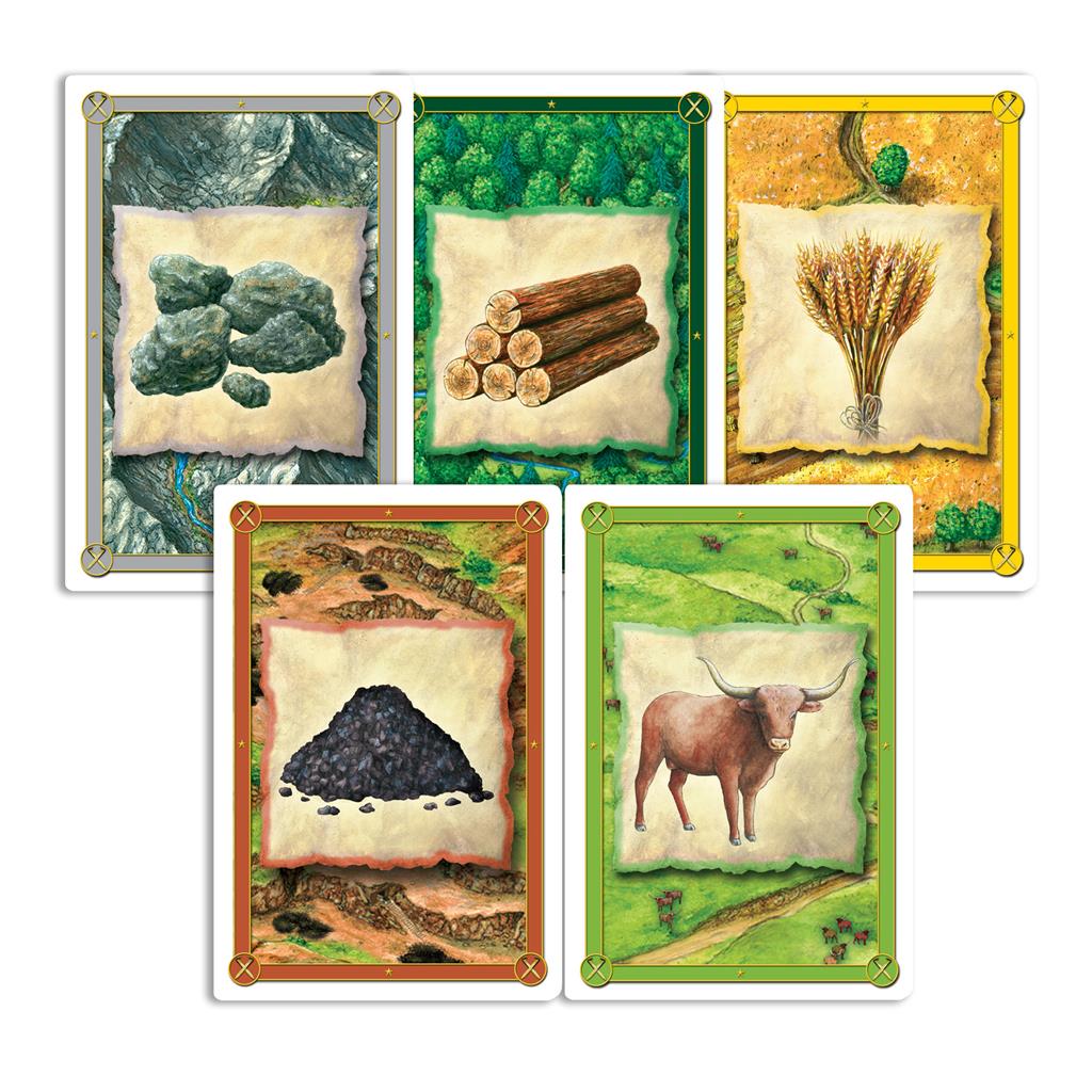 Resource cards from Catan - Settlers of America featuring coal, lumber, wheat, and a bull illustration.