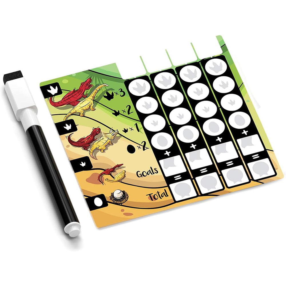 Chomp game scoring board with markers, featuring goals and total score sections, designed for tracking gameplay.