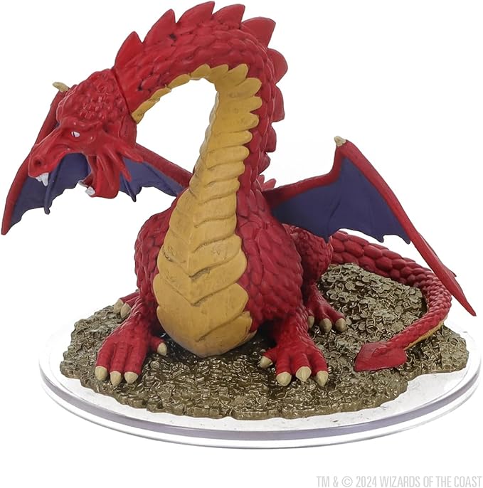 Classic red dragon miniature from Dungeons & Dragons Icons of the Realms, featuring detailed scales and wings on a rocky base.