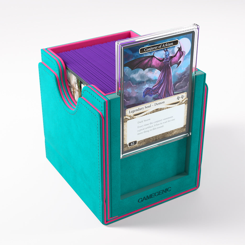 Gamegenic Sidekick Pro 100+ XL Convertible in teal and pink, showcasing a card holder with a card displayed on top.