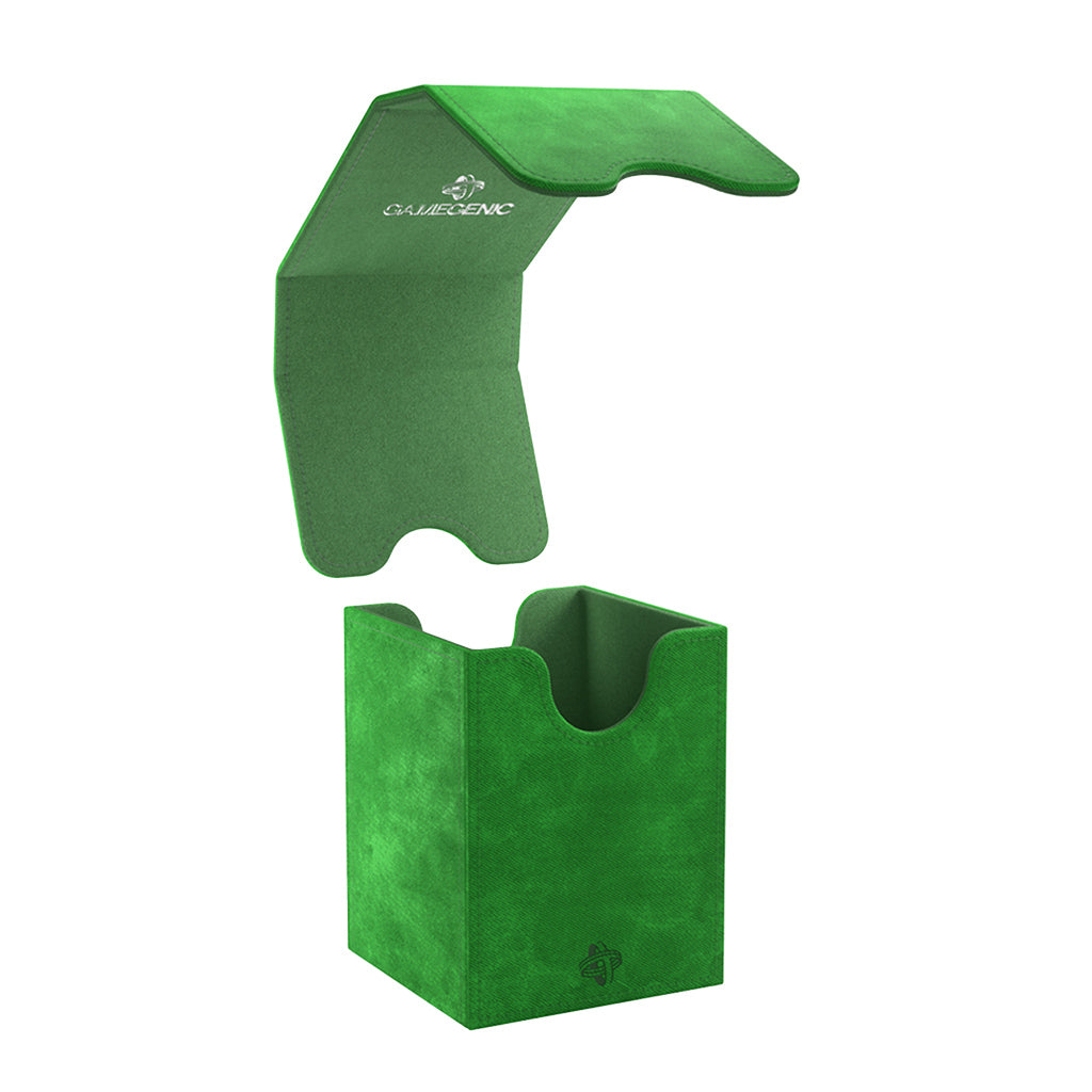 Gamegenic Deck Box Squire 100+ XL in green, featuring a soft exterior and a flip-top lid for easy access to cards.