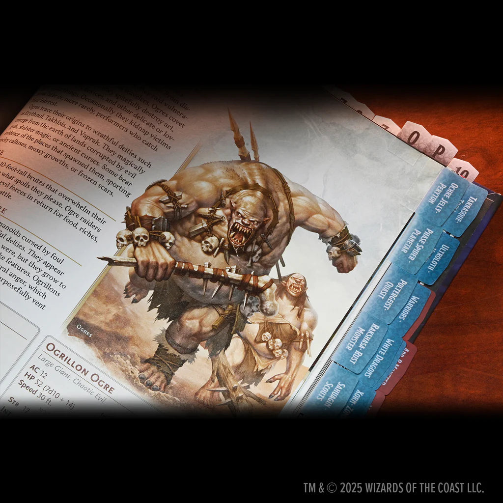 Dungeons & Dragons 2024 Monster Manual open to a page featuring an illustration of a Grillon Ogre with tabs for easy navigation.