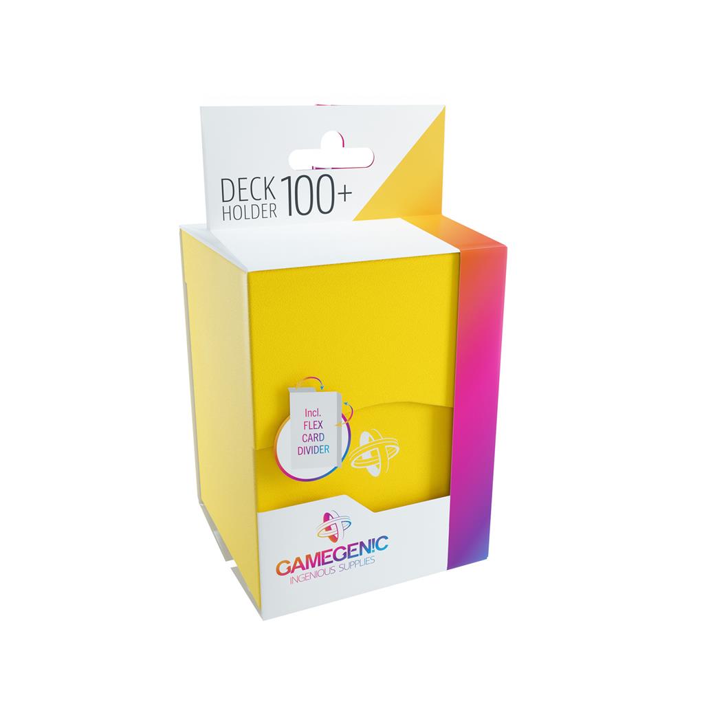 Gamegenic Deck Holder 100+ in yellow packaging, designed for card storage with a flex card divider included.