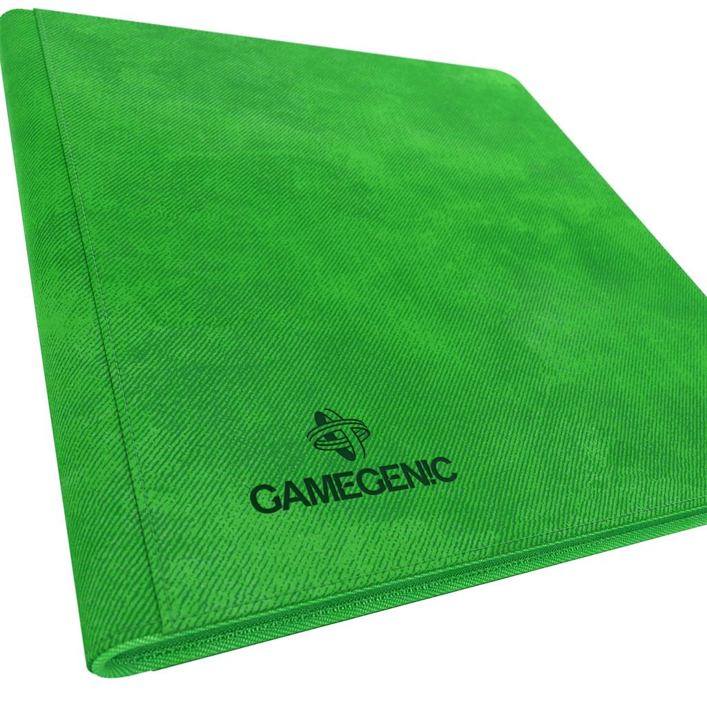 Green zip-up album by Gamegenic featuring 24 pockets for card storage, designed for gamers and collectors.