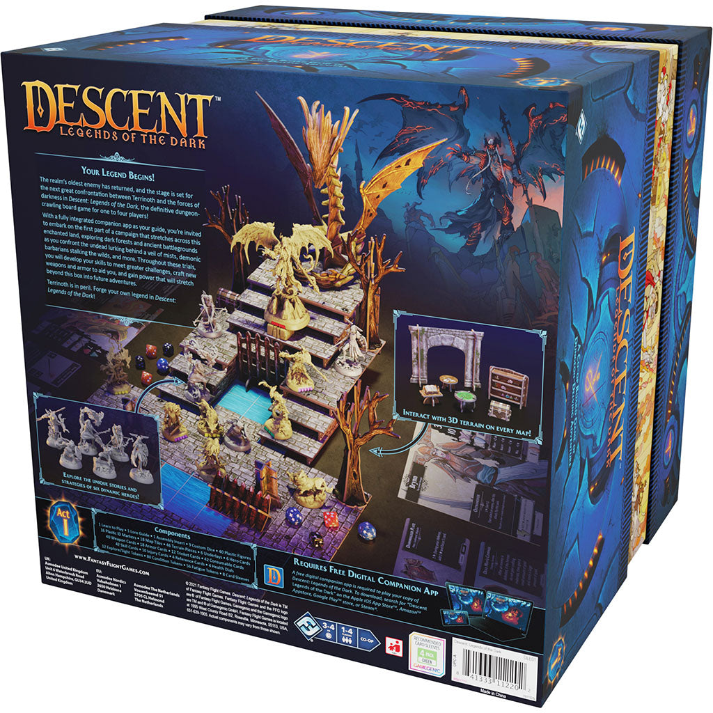 Box set of Descent: Legends of the Dark featuring detailed miniatures, game board, and digital companion app information.
