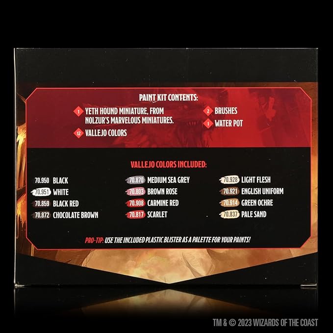 Dungeons & Dragons paint kit for Yeth Hound miniature, featuring included brushes, water pot, and color guide.