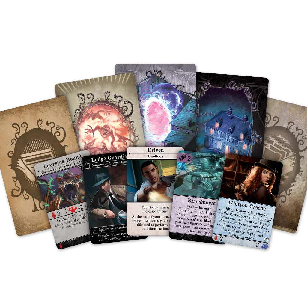 A collection of Arkham Horror: Secrets of the Order game cards featuring characters, conditions, and locations with detailed artwork.