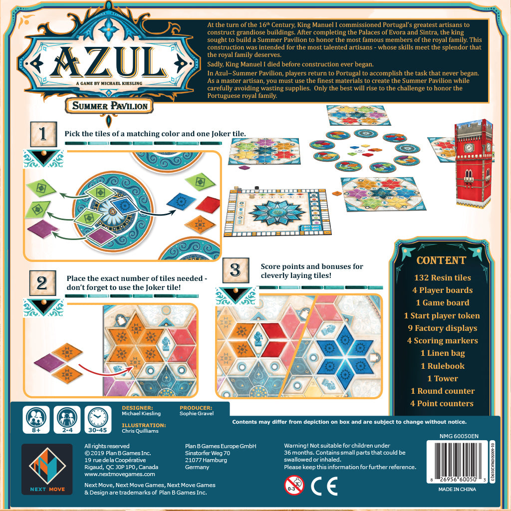 Box cover of Azul Summer Pavilion board game featuring colorful tile designs, game components, and instructions for gameplay.