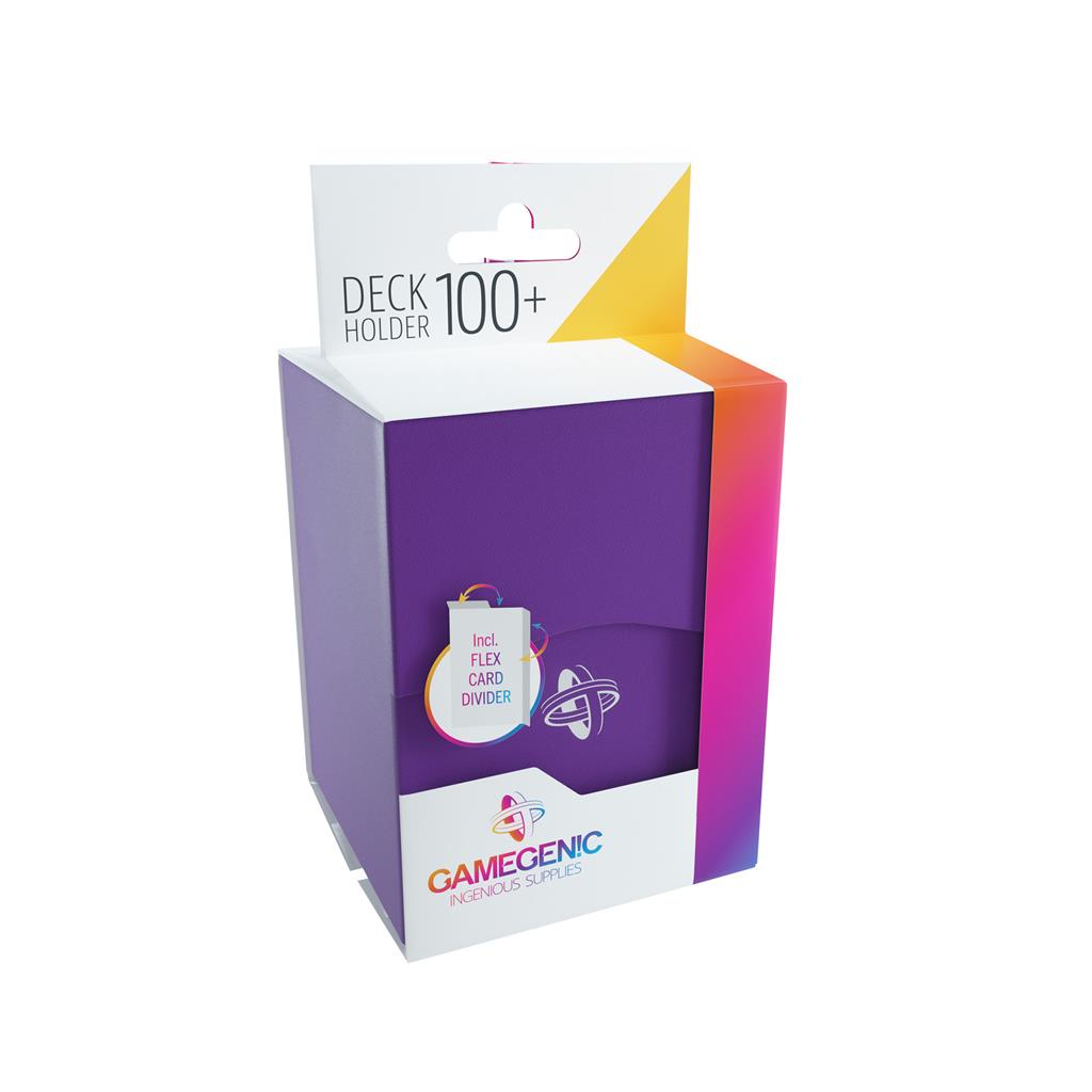 Gamegenic Deck Holder 100+ in purple packaging, designed for card storage with included flex card divider.