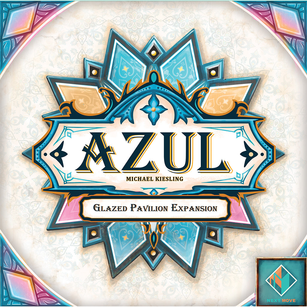 Colorful box art for Azul Summer Pavilion: Glazed Pavilion expansion featuring intricate geometric designs and the title prominently displayed.