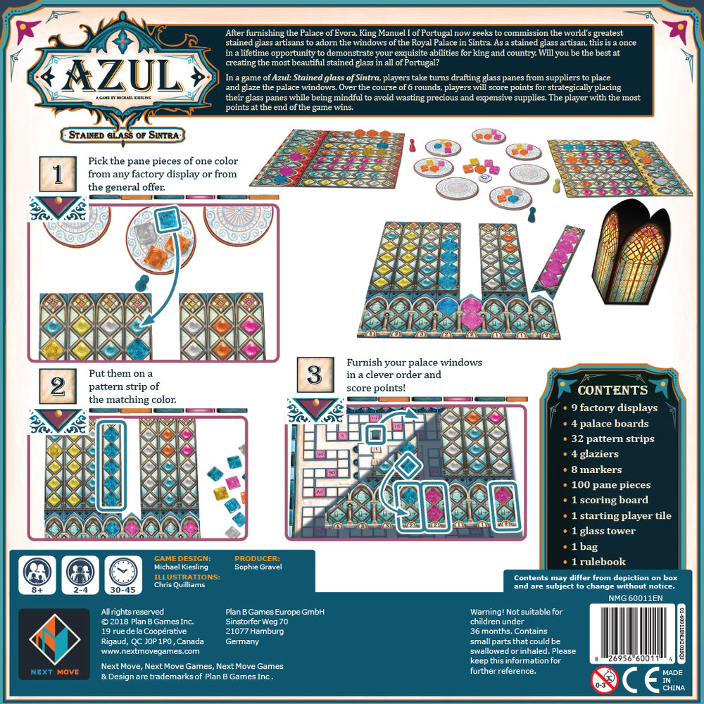Game box for Azul Stained Glass of Sintra featuring colorful stained glass patterns, player boards, and game components.