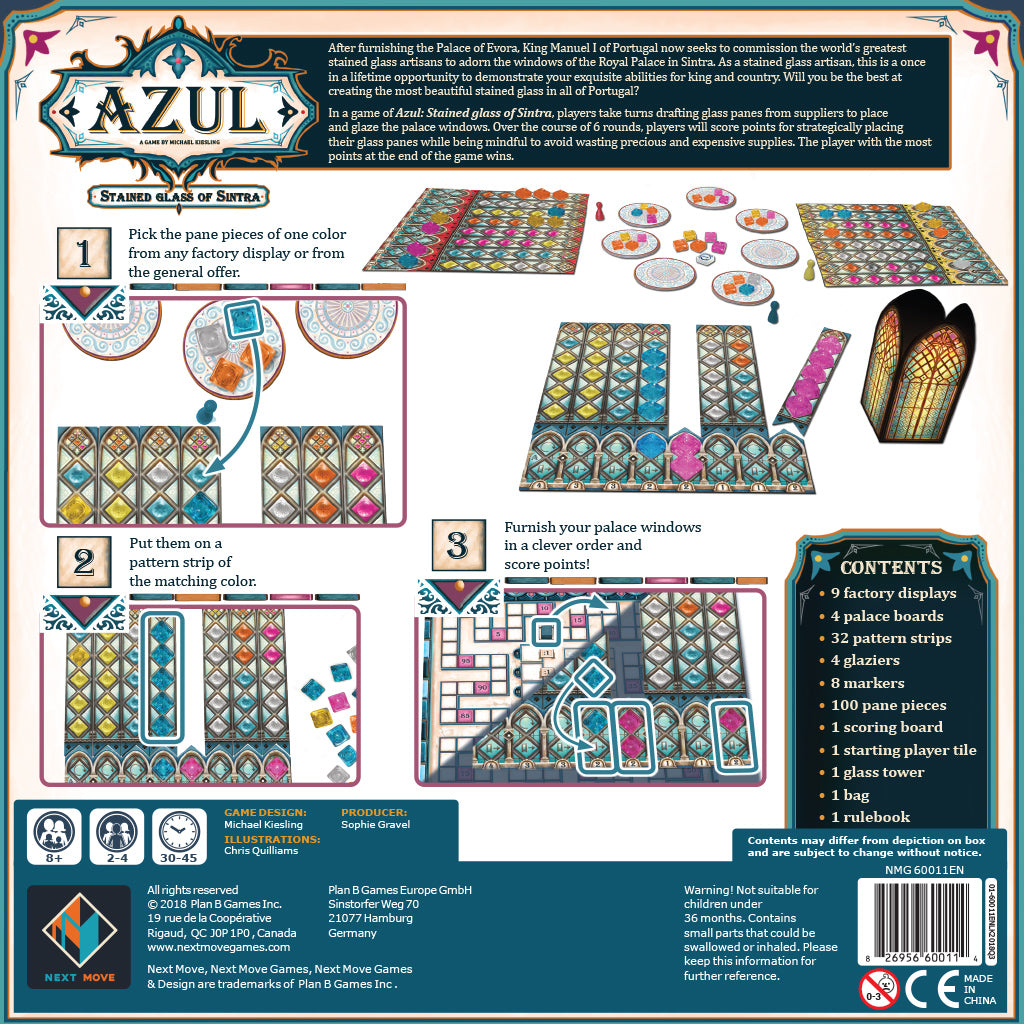 Game box for Azul Stained Glass of Sintra featuring colorful stained glass patterns, player boards, and game components.