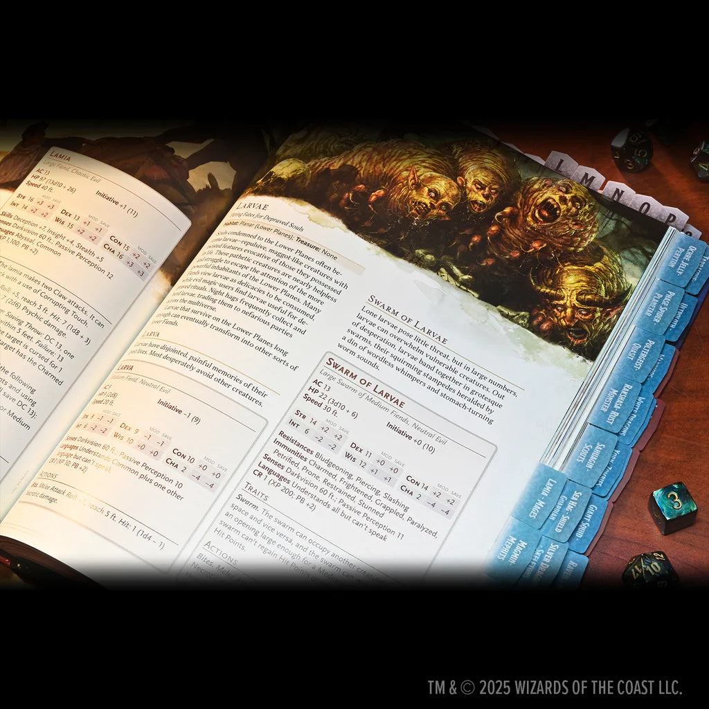 Dungeons & Dragons 2024 Monster Manual open to the Swarm of Larvae page, featuring detailed stats and colorful illustrations.