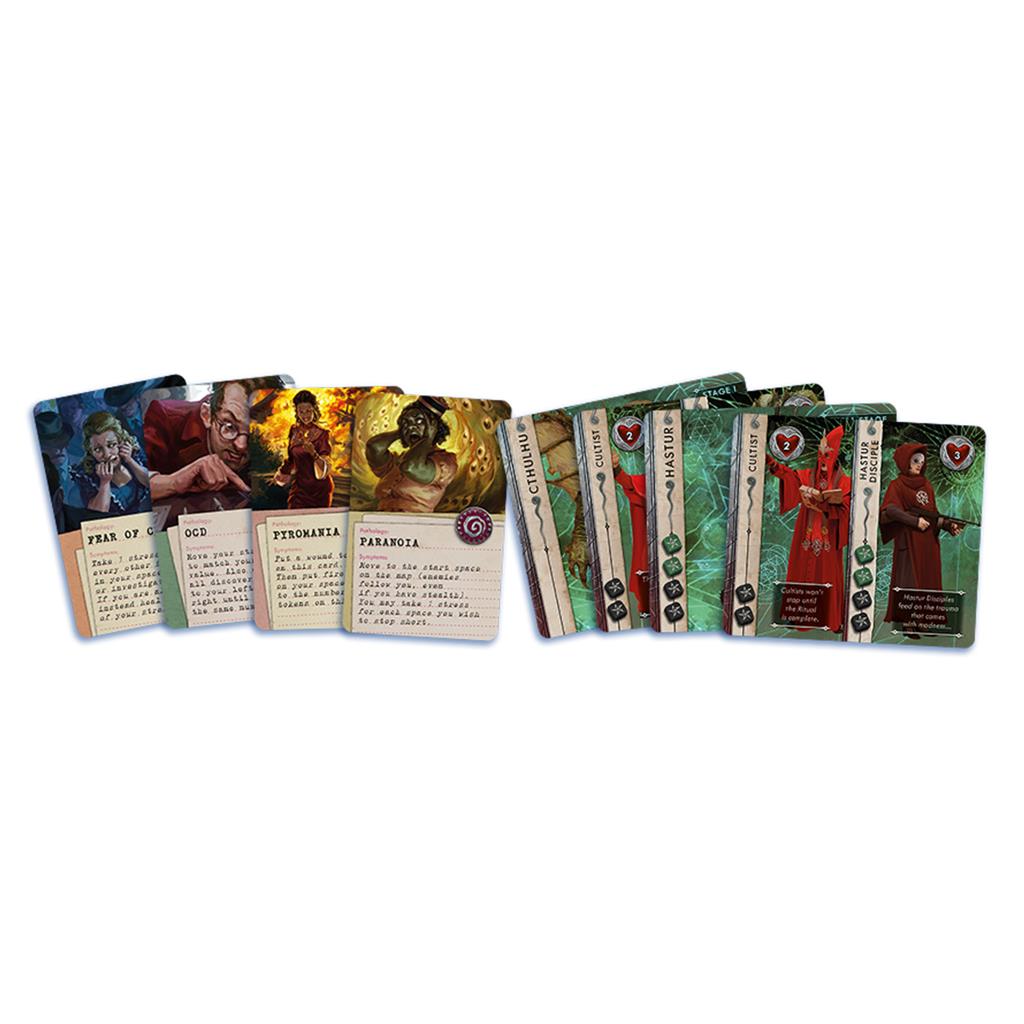 Cthulhu: Death May Die game cards featuring various character abilities and effects, designed for strategic gameplay.
