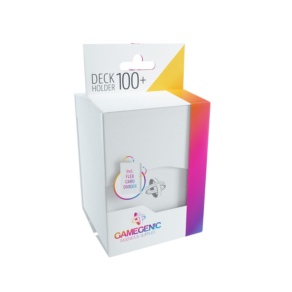Gamegenic Deck Holder 100+ in white packaging, designed for storing and organizing trading cards with a flex card divider included.