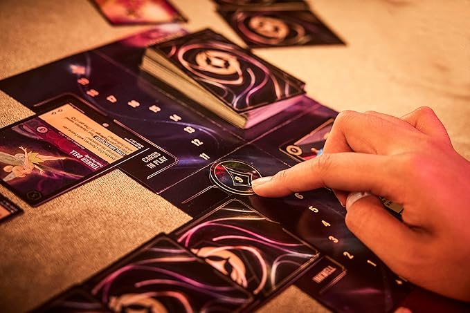 A player interacts with the Disney Lorcana TCG game board, featuring colorful cards and a mystical theme.