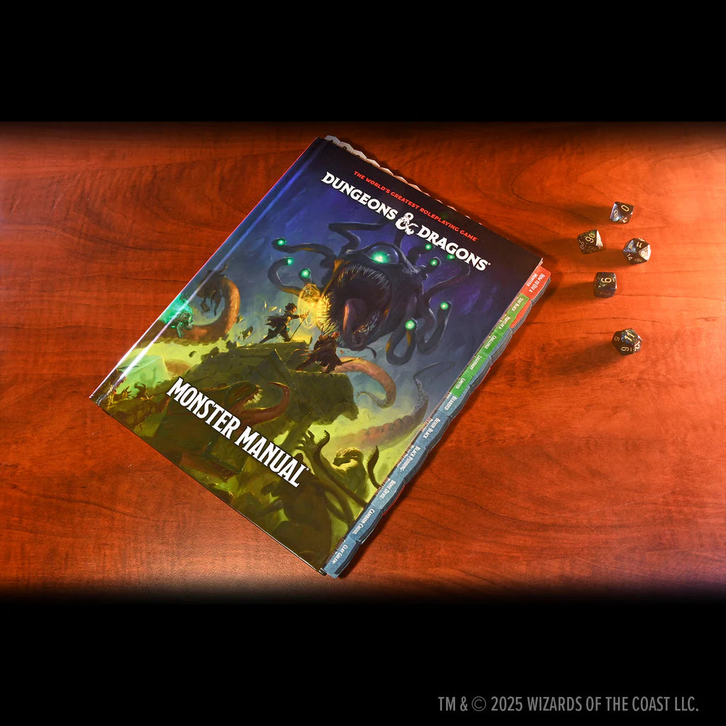 Dungeons & Dragons 2024 Monster Manual with colorful book tabs on a wooden surface alongside dice.
