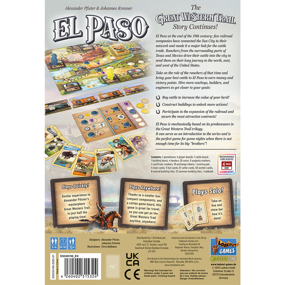 Back cover of Great Western Trail - El Paso board game, featuring game components, play instructions, and thematic artwork.