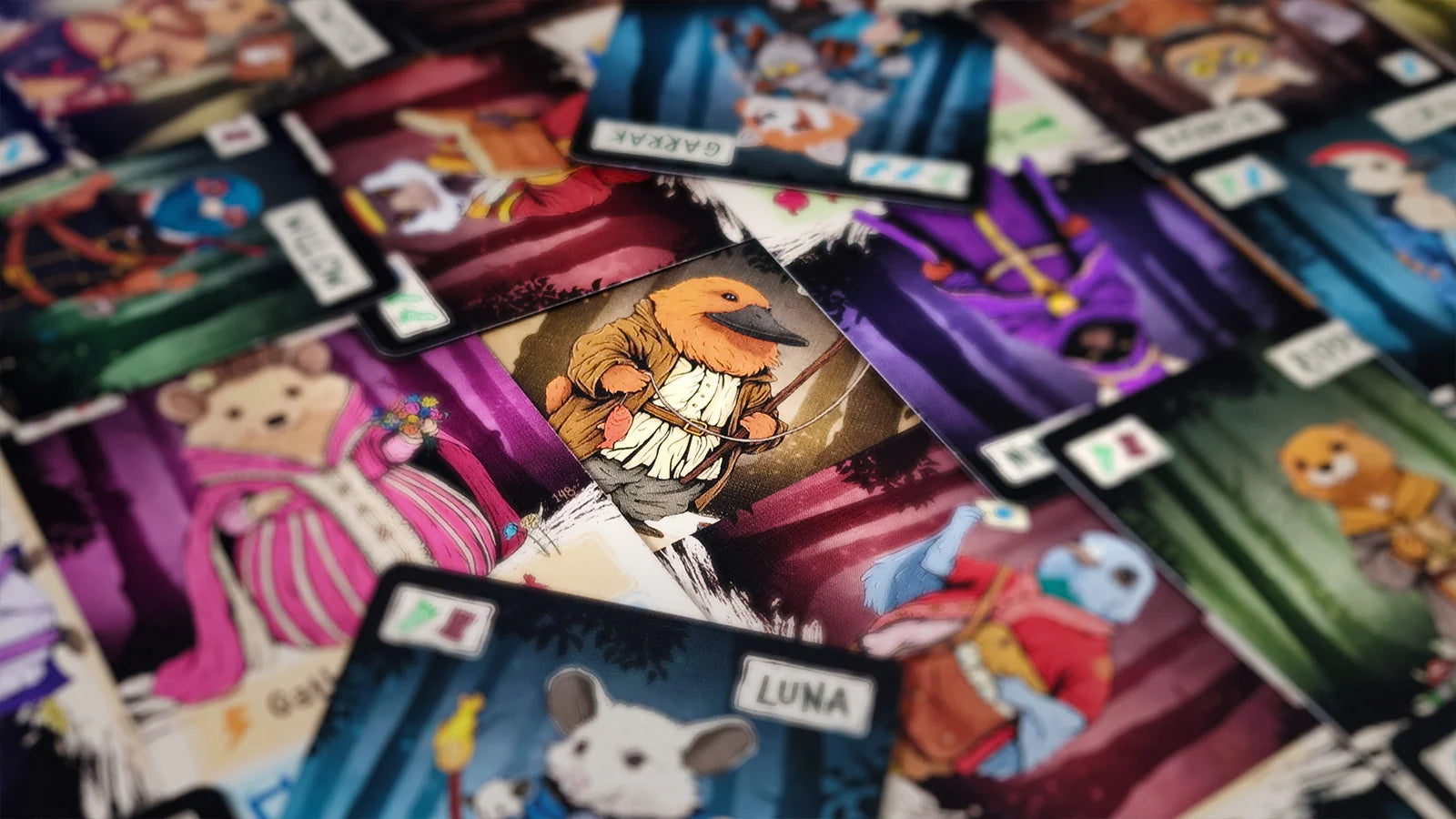 Colorful game cards featuring various animal characters, with a central character in a coat holding a staff.