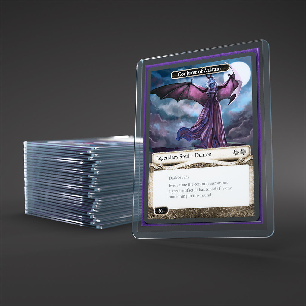 Clear Gamegenic Premium Toploading Exoshields for 35pt cards, showcasing a card featuring the Conjurer of Arkham.