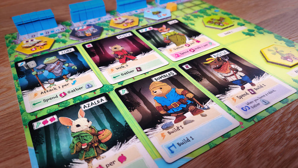 Colorful game board for Emberleaf featuring character cards, resources, and action options for strategy gameplay.