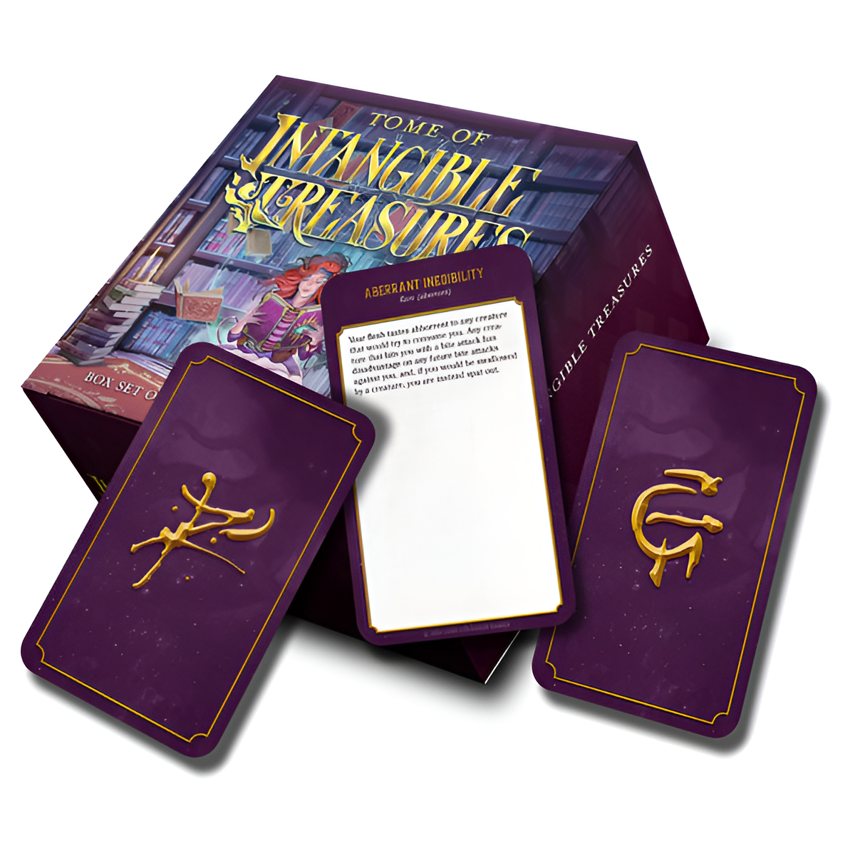 D&D 5E Intangible Treasures Card Box Set featuring two cards and a decorative box with fantasy-themed artwork.
