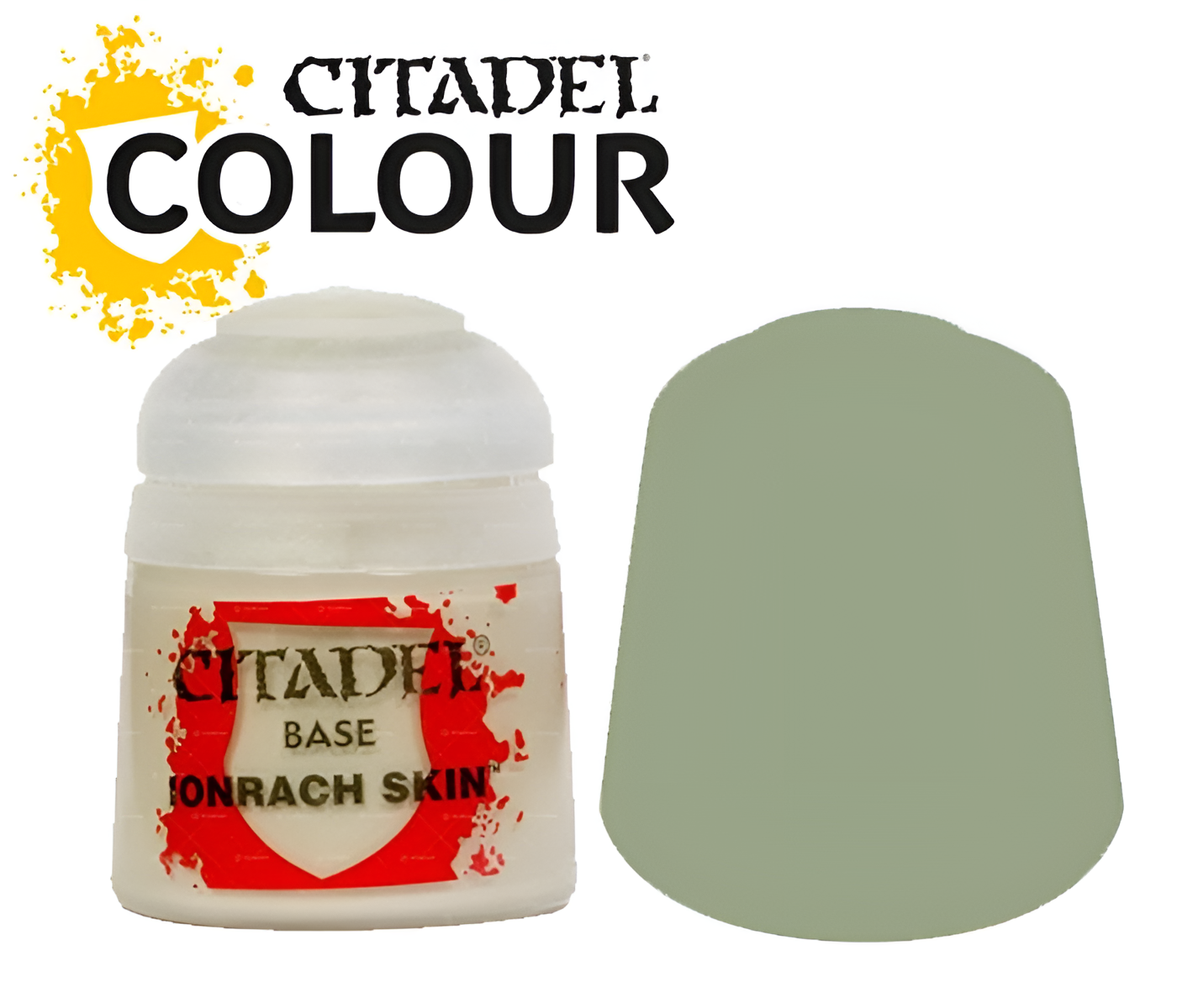 Citadel Base Ionrach Skin paint (12ml) in a round container with a light green color swatch beside it.