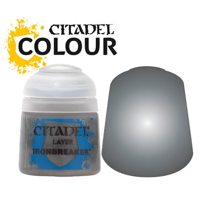 Citadel Layer Ironbreaker paint (12ml) in a round container, featuring a metallic gray color ideal for miniatures.