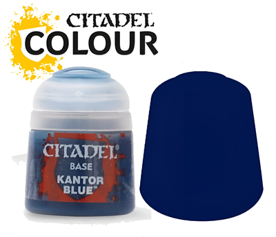 Citadel Base Kantor Blue paint (12ml) in a round container, featuring a dark blue color swatch beside it.