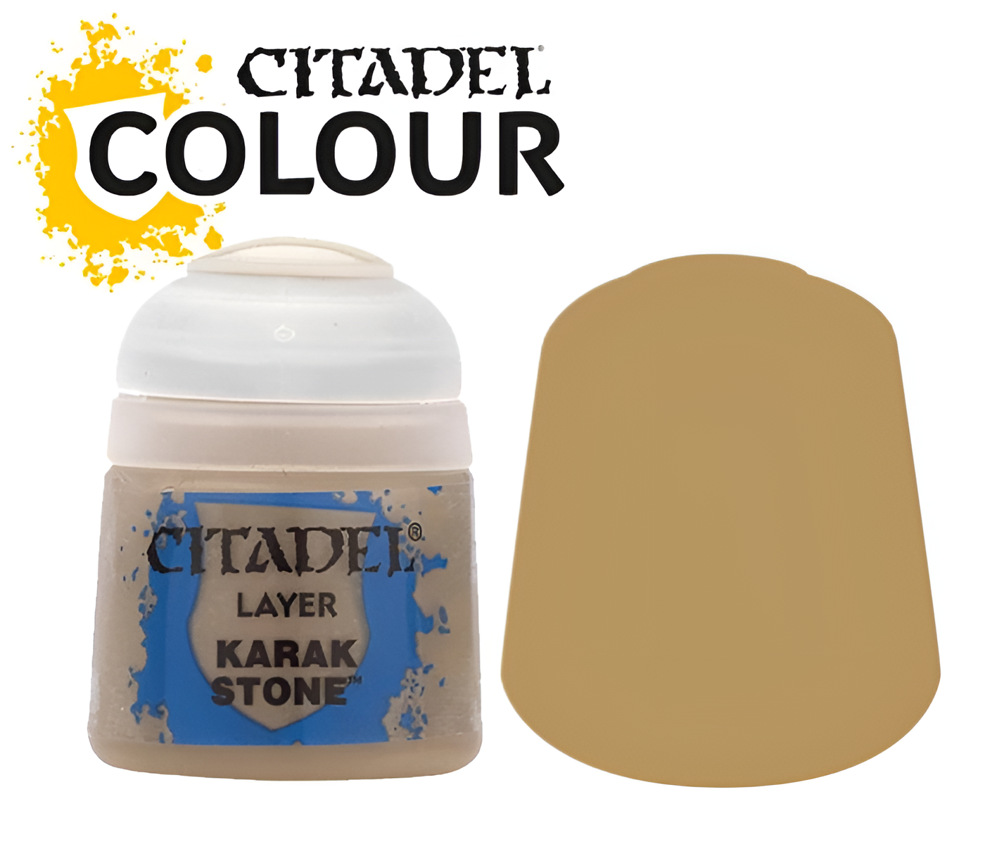 Citadel Layer paint in Karak Stone, 12ml bottle with a beige color swatch, ideal for miniature painting.