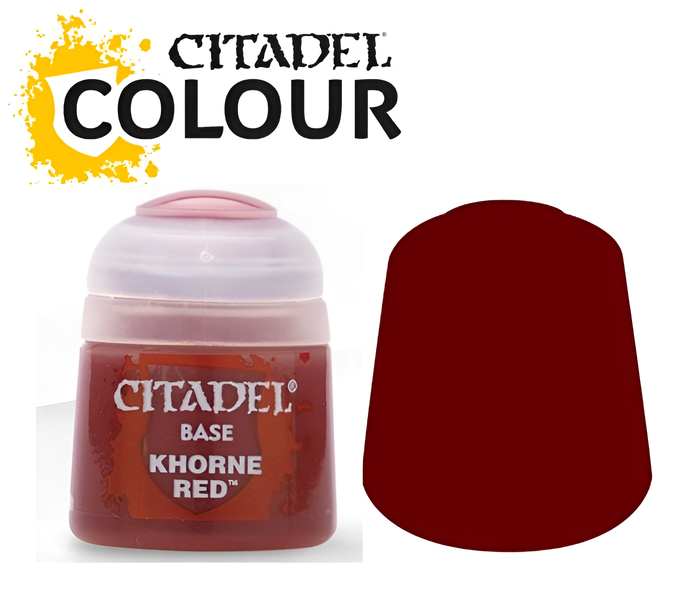 Citadel Base Khorne Red paint in a 12ml container, featuring a deep red color ideal for miniature painting.