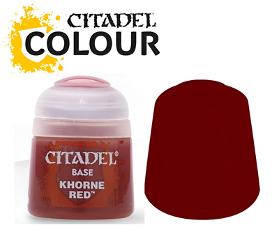 Citadel Base Khorne Red paint in a 12ml container, featuring a deep red color ideal for miniature painting.