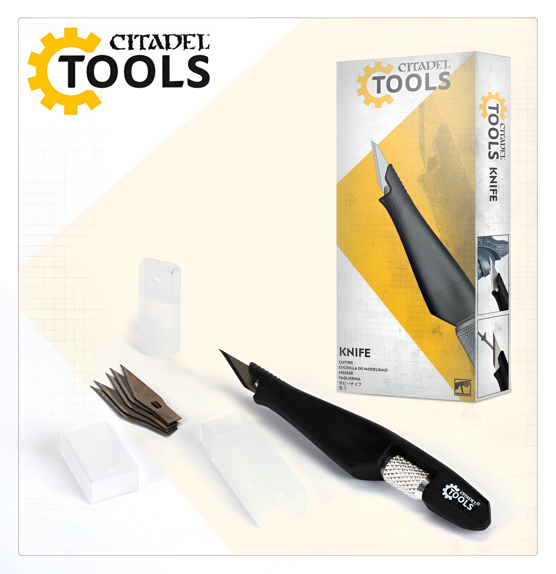 Citadel Tools Knife with interchangeable blades, packaged with protective covers, designed for precision crafting and modeling.