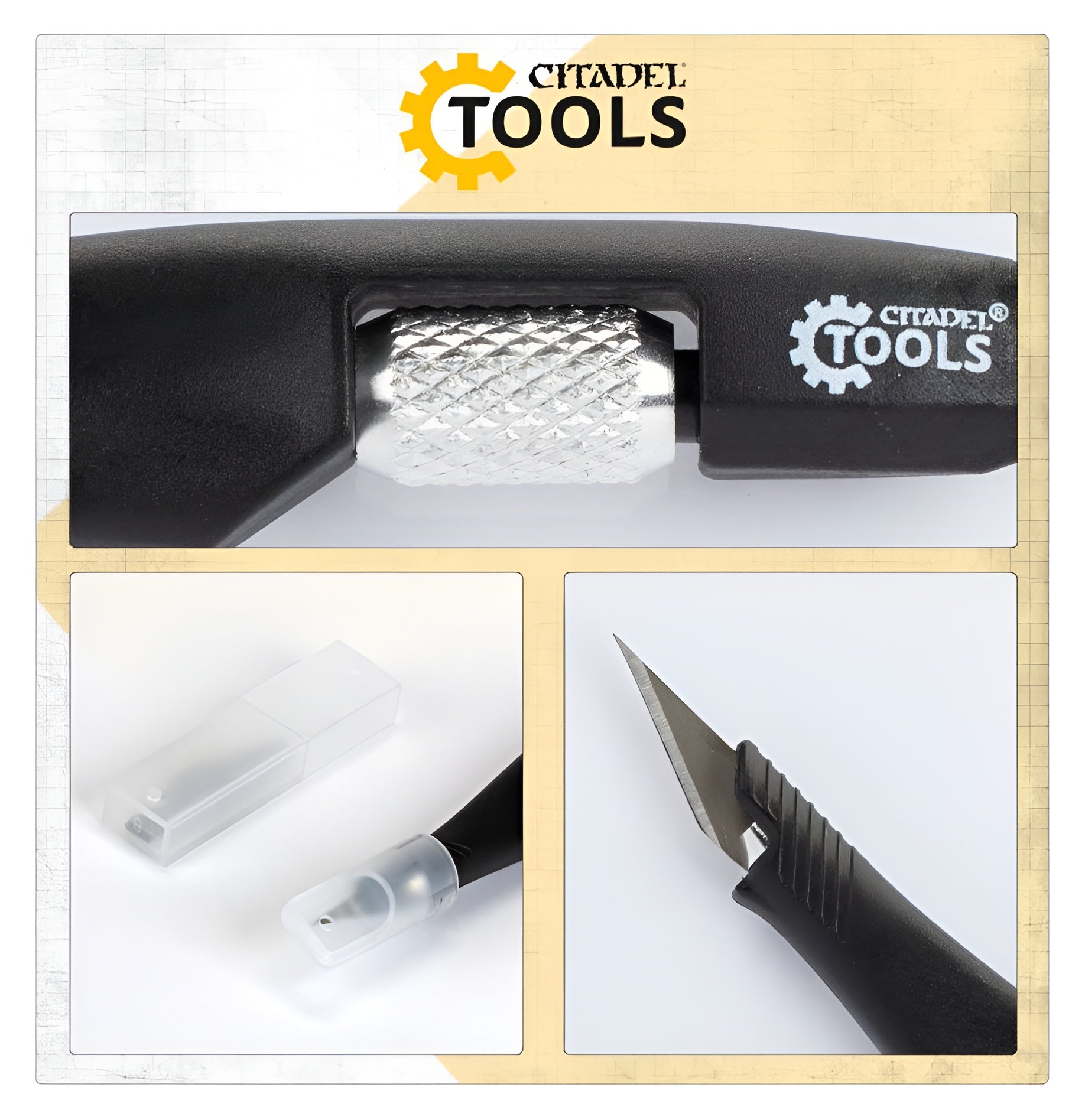 Citadel Tools knife with a textured grip and retractable blade, shown with a protective cap and close-up of the blade.