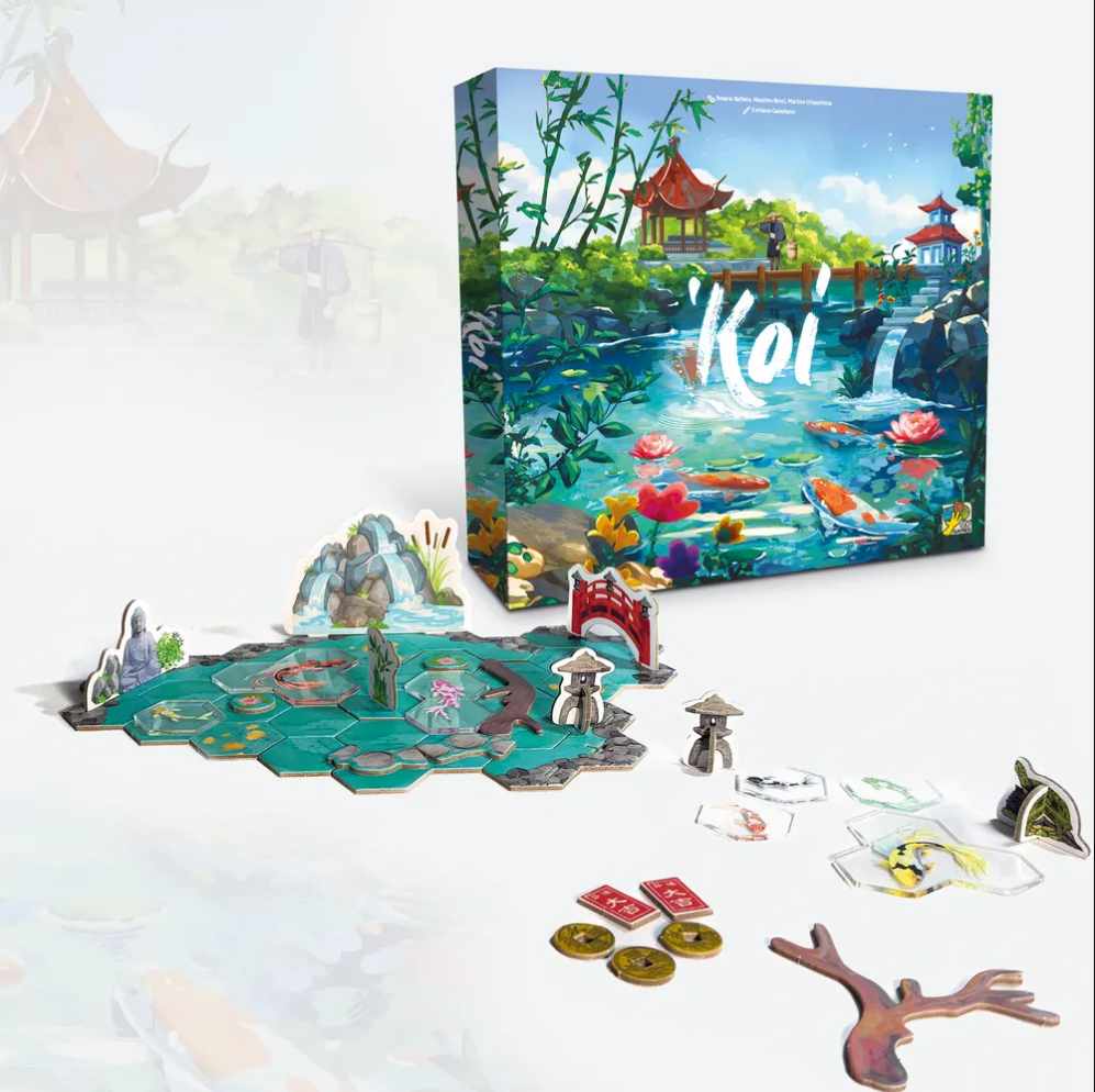 Colorful board game Koi displayed with game pieces, tokens, and a scenic pond backdrop featuring koi fish and greenery.