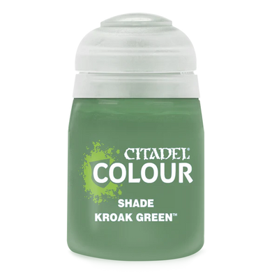 Citadel Colour Shade Paint in Kroak Green, 18ml bottle, designed for enhancing miniature details and textures.