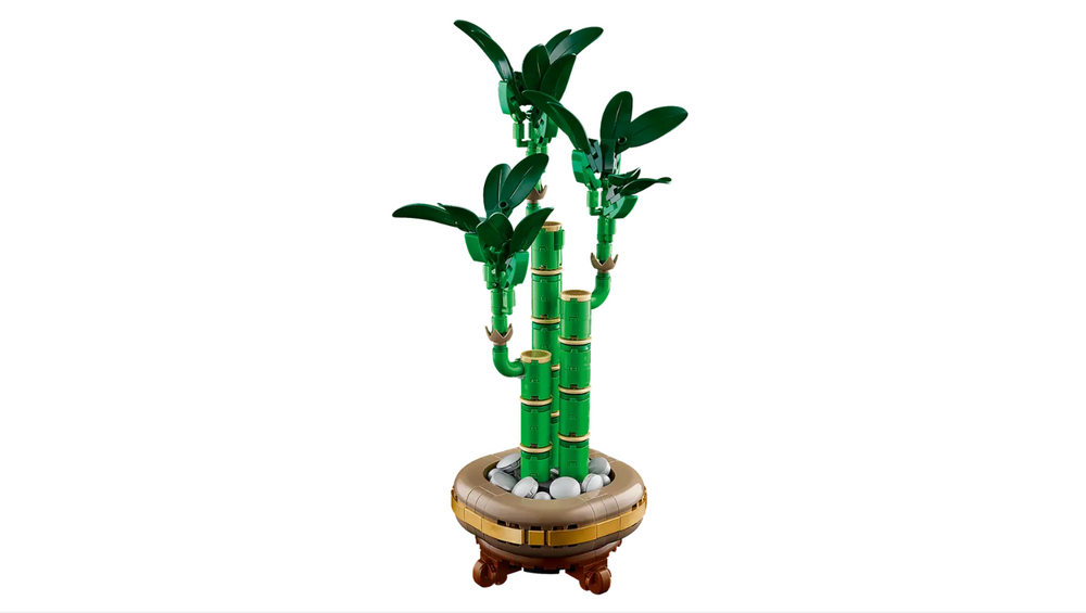 LEGO Lucky Bamboo set 10344 featuring green bamboo stalks and leaves in a decorative pot with white stones.