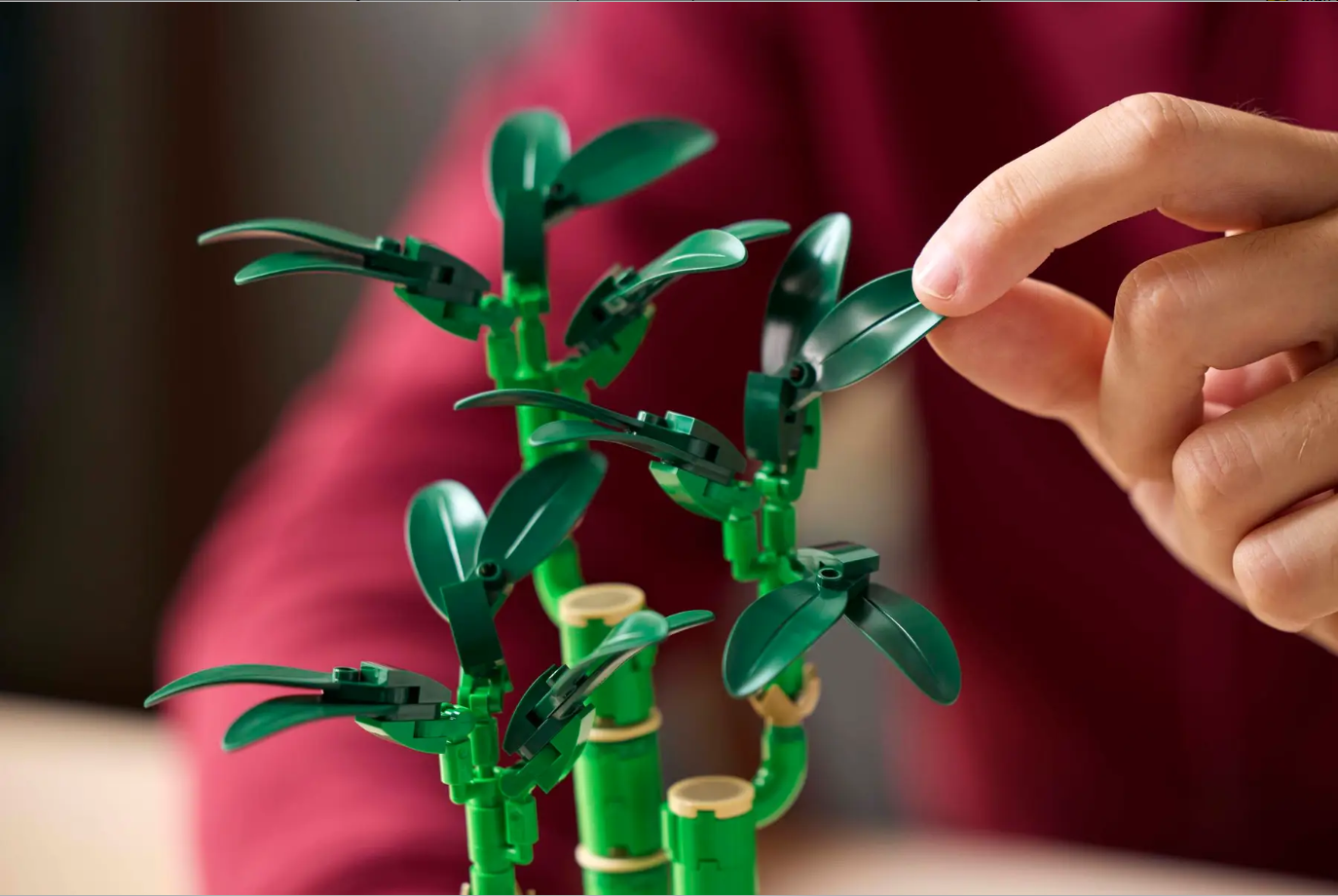 A person adjusts the leaves on a LEGO Lucky Bamboo (10344) model, showcasing its detailed green foliage and bamboo stems.