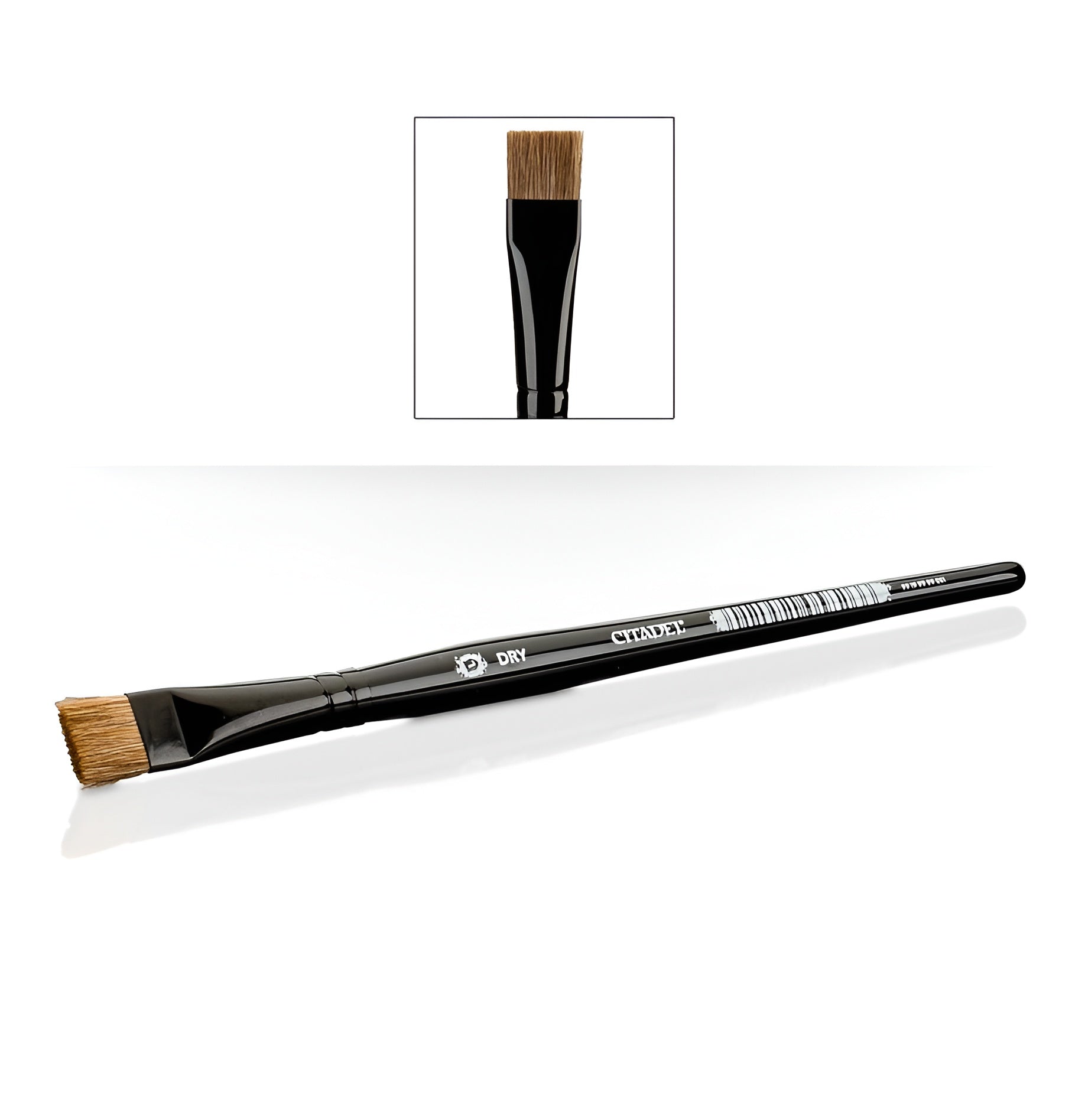 Large Citadel Tools dry brush with a flat, angled bristle head, designed for precise painting on miniatures.