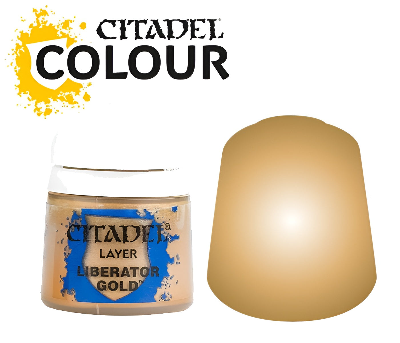 Citadel Layer Liberator Gold paint in a 12ml jar, featuring a gold color swatch for reference.