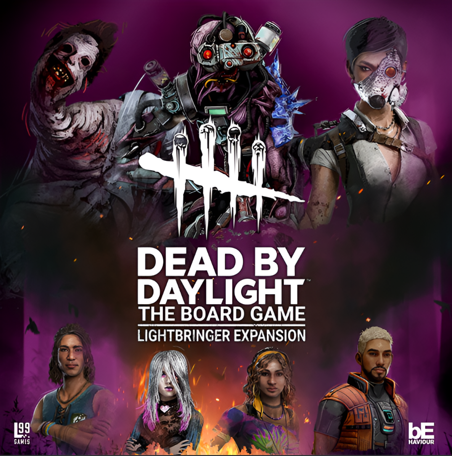 Dead by Daylight: Lightbringer board game expansion cover featuring iconic characters and a dark, atmospheric design.