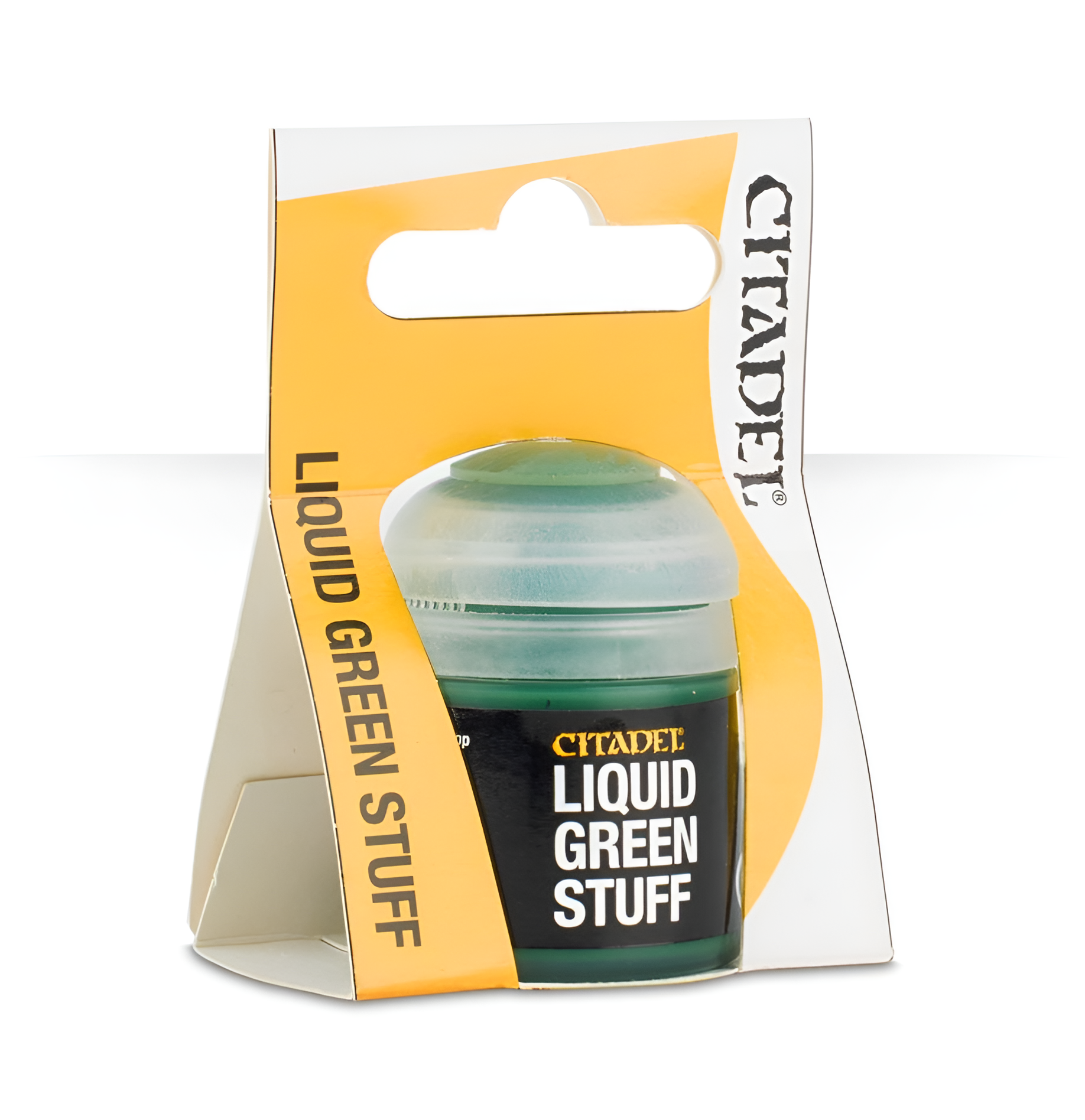 Citadel Liquid Green Stuff in a small container, ideal for filling gaps and smoothing surfaces on miniatures.