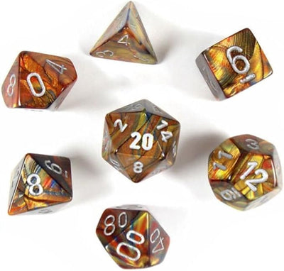 Chessex Lustrous Gold/Silver 7-die set featuring shimmering multi-colored dice with white numbers for tabletop gaming.