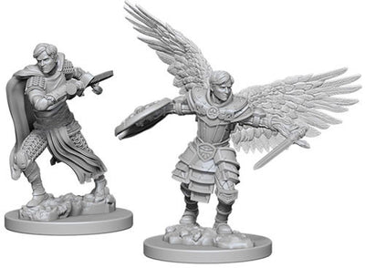 Unpainted male Aasimar fighter miniature from Dungeons & Dragons, featuring detailed armor and wings in two dynamic poses.
