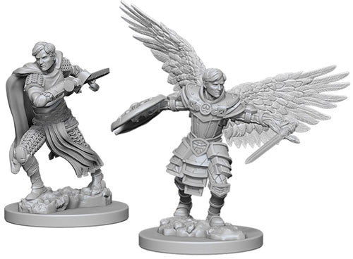 Unpainted male Aasimar fighter miniature from Dungeons & Dragons, featuring detailed armor and wings in two dynamic poses.