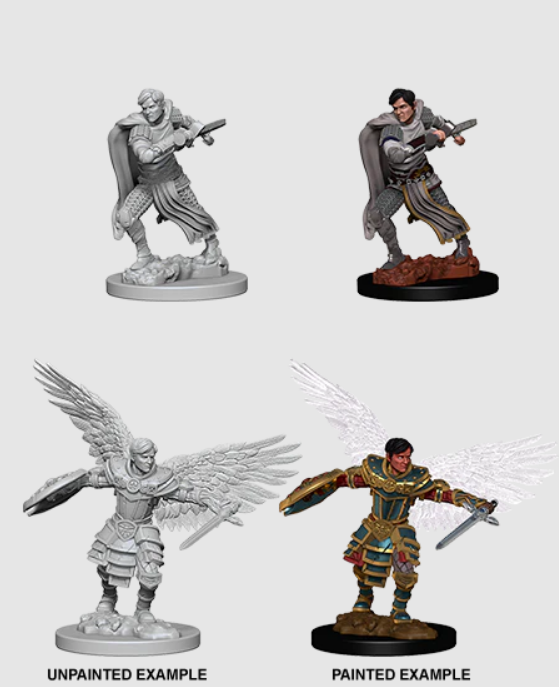 Unpainted and painted examples of Nolzur's Marvelous Miniatures Male Aasimar Fighter for Dungeons & Dragons.