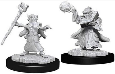 Unpainted miniatures of male gnome wizards, one casting a spell and the other holding a book, ideal for Dungeons & Dragons.
