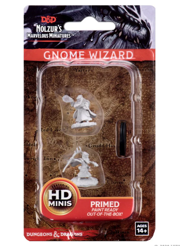 Primed unpainted miniature of a male gnome wizard in packaging, ready for painting and tabletop gaming.